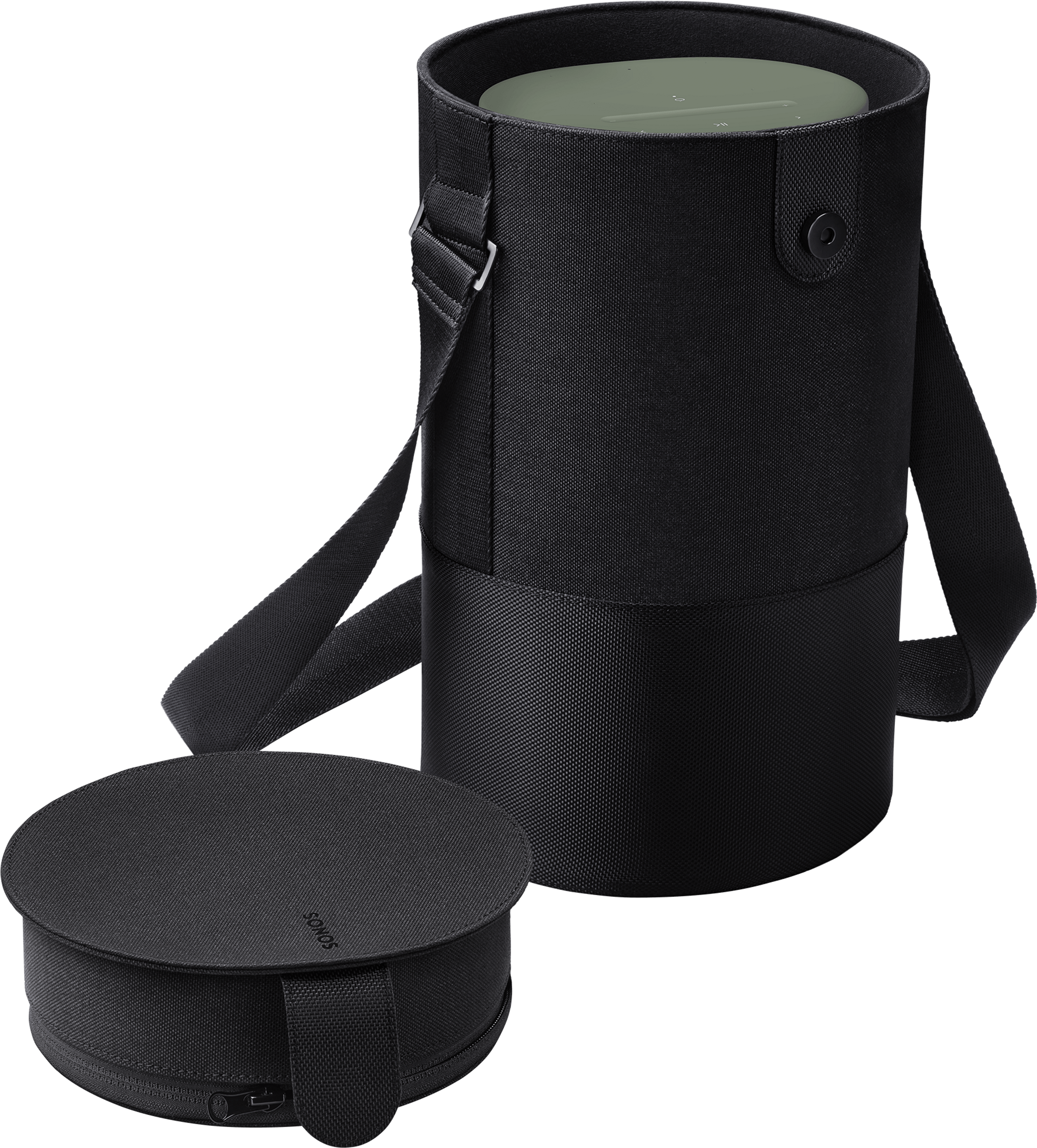 Image of an open Sonos Move Travel Bag turned at an angle with an Olive Sonos Move inside