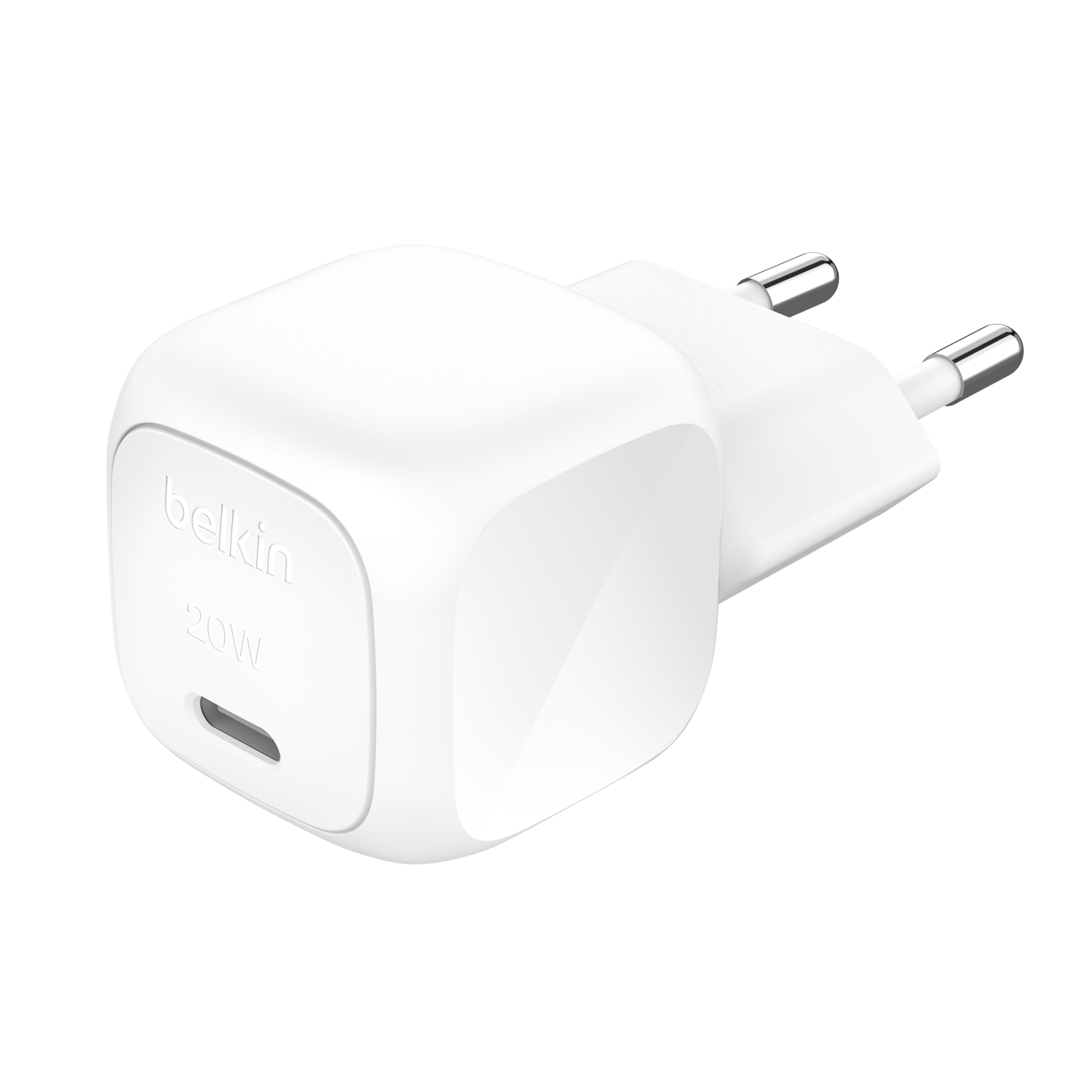 Hvid Belkin USB-C-strømadapter på 20 W set skråt bagfra