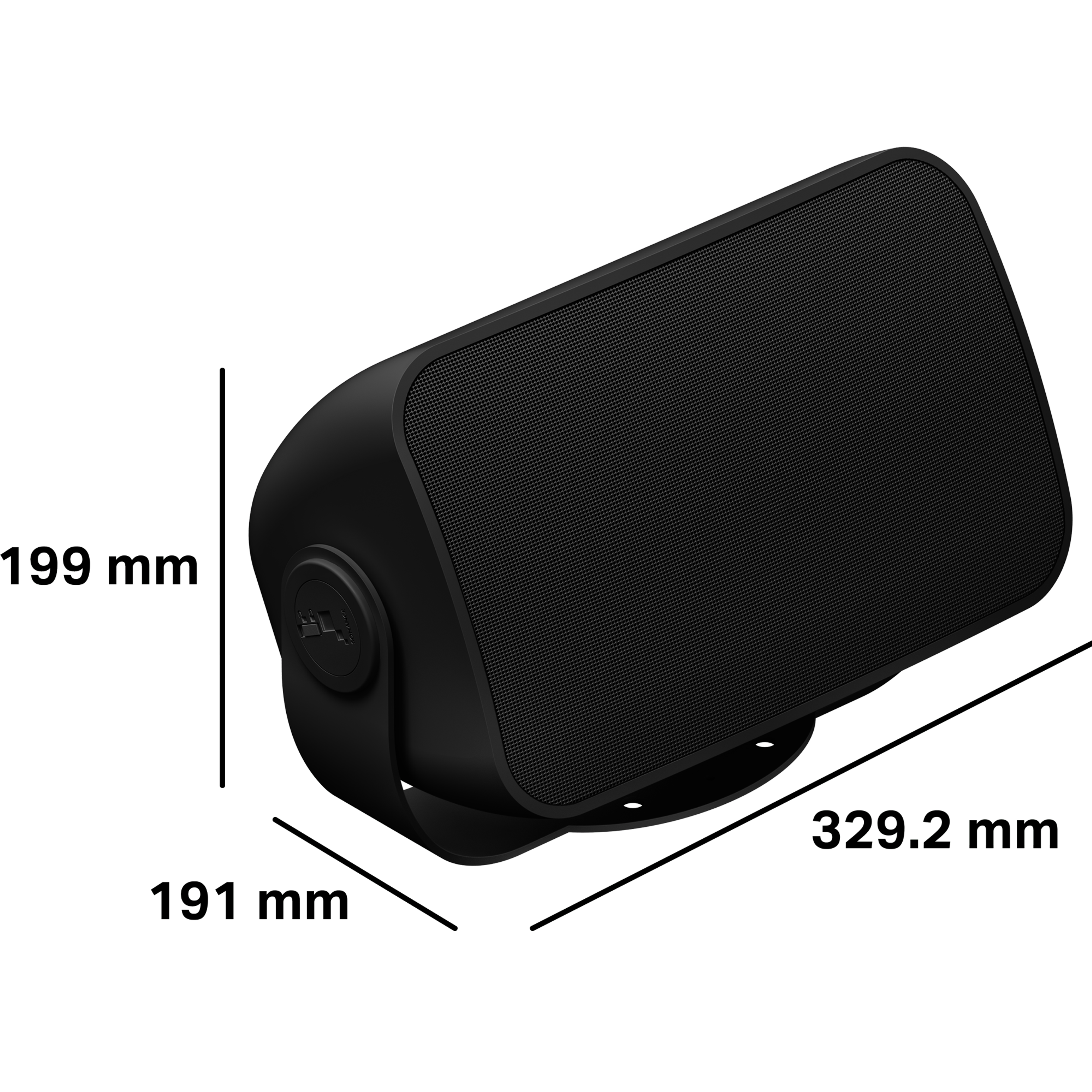 Estas bocinas para exteriores miden 199 mm de alto, 191 mm de profundidad y 329.2 mm de ancho