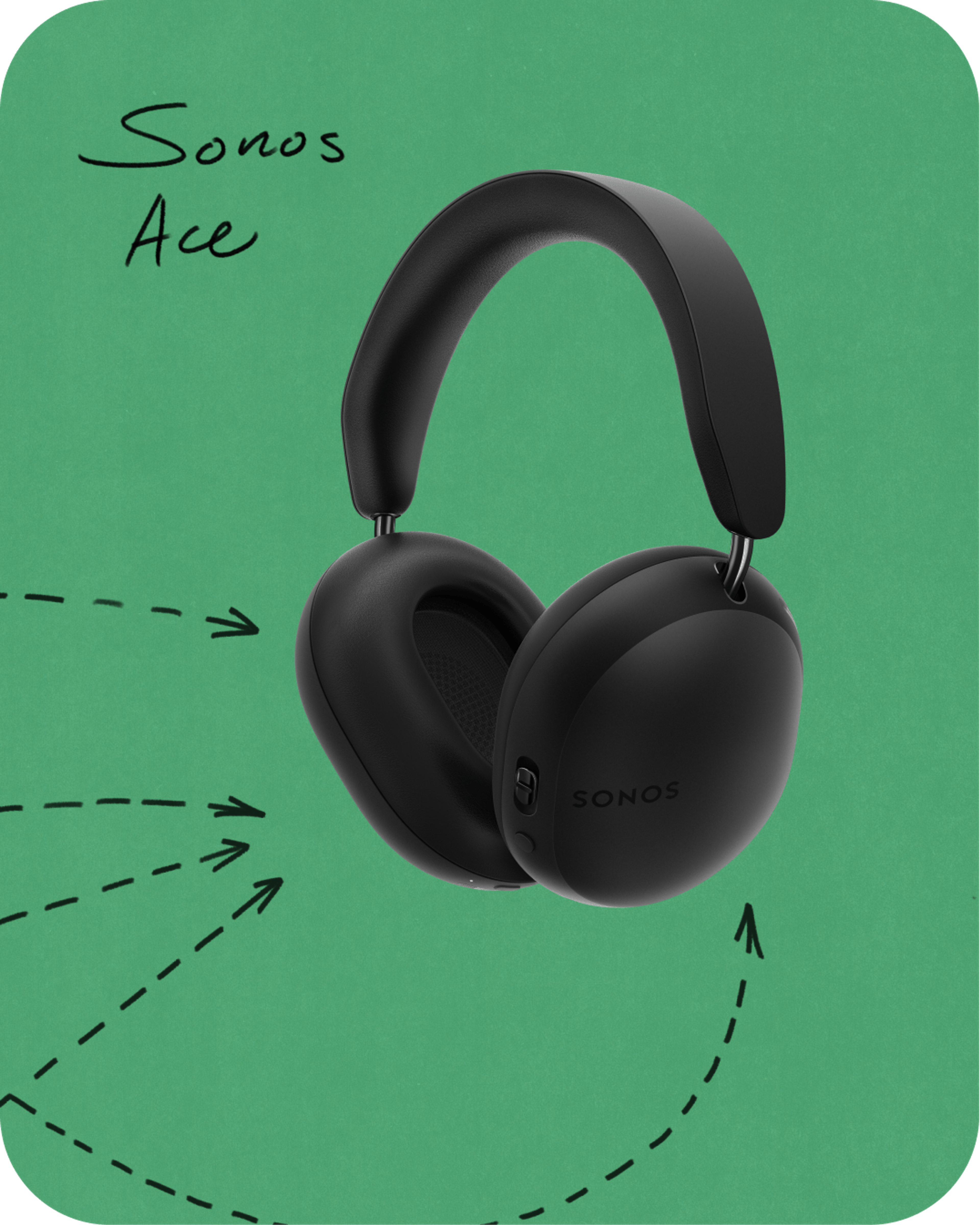 A black Sonos Ace on a green background with arrow illustration