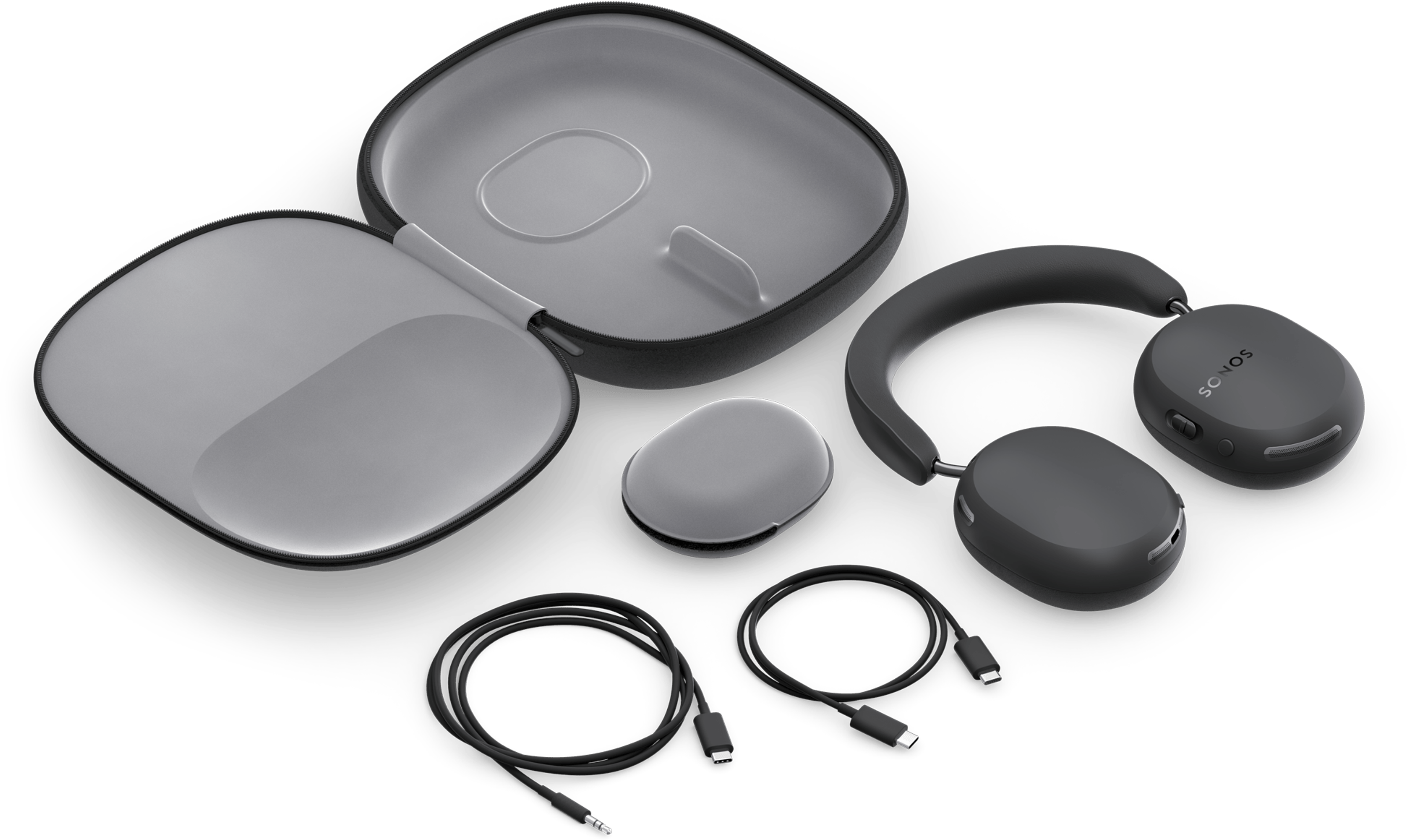 Black Sonos Ace Ultra headphones with matching case and included cables