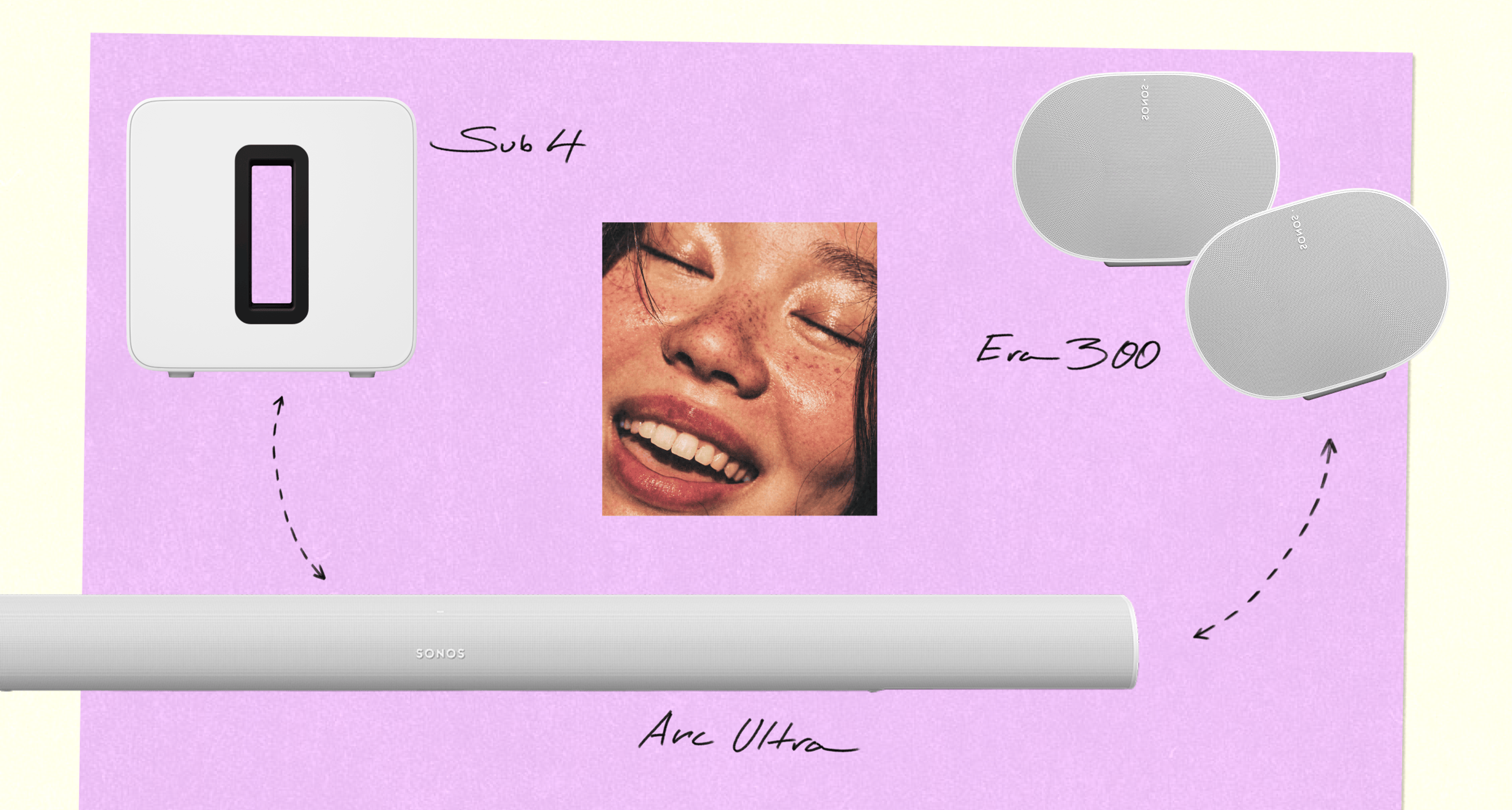 White Arc Ultra, Sub 4 and pair of Era 300s on a lavender background with arrow illustration