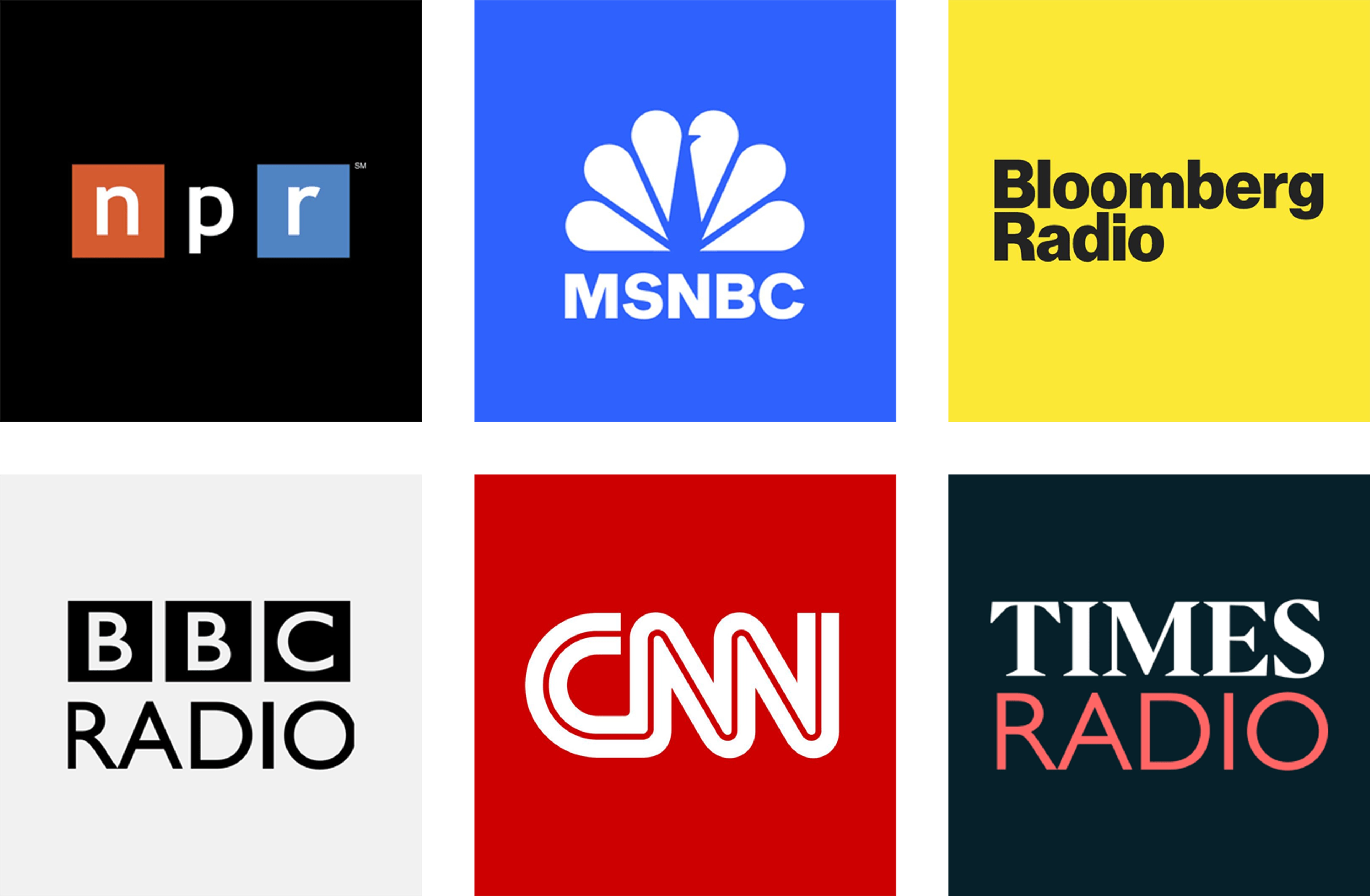 Assortment of news station logos, including NPR, MSNBC, Bloomberg, BBC, and CNN
