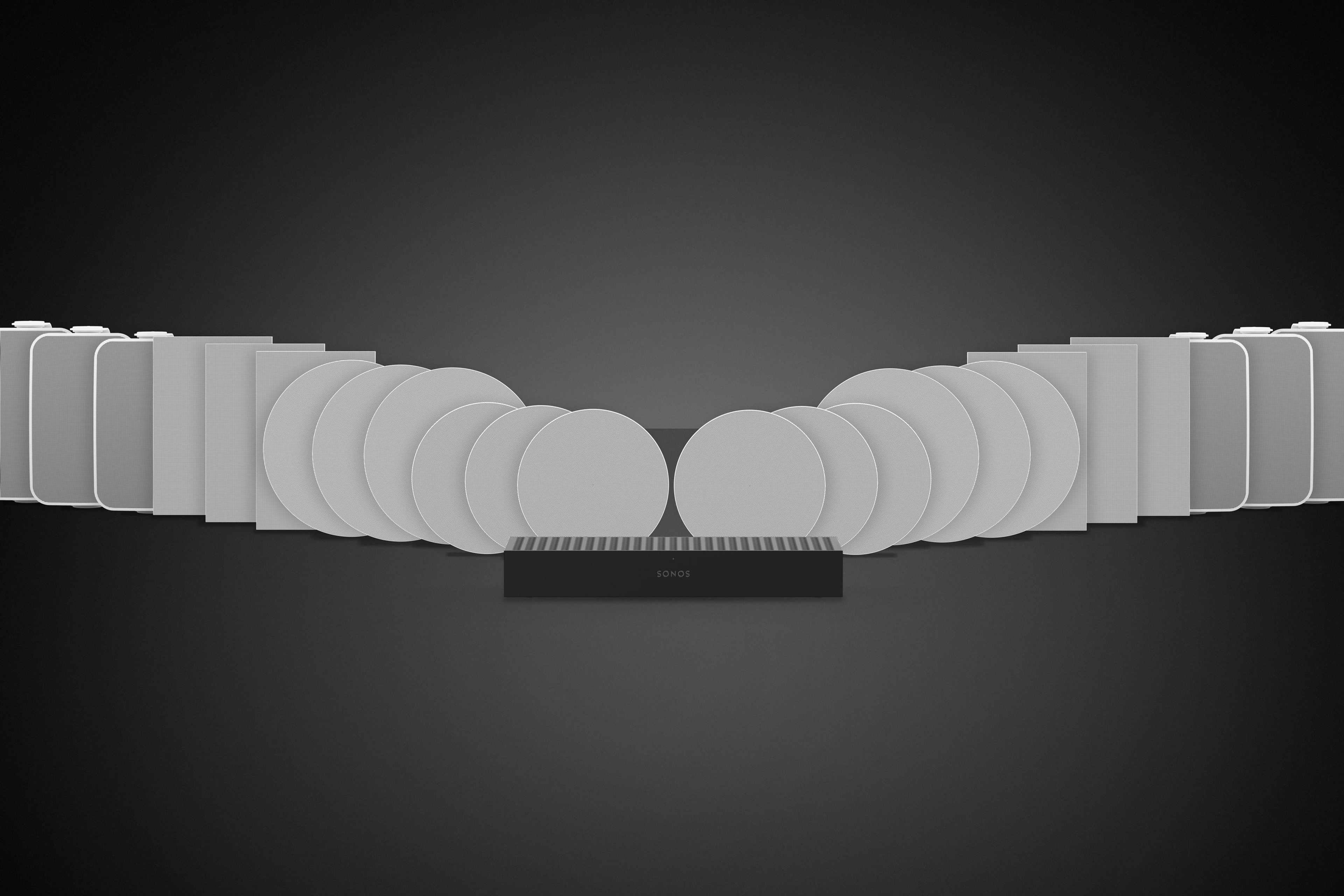 Amp Multi surrounded by an array of Sonance architectural speakers, including in-ceiling and in-wall