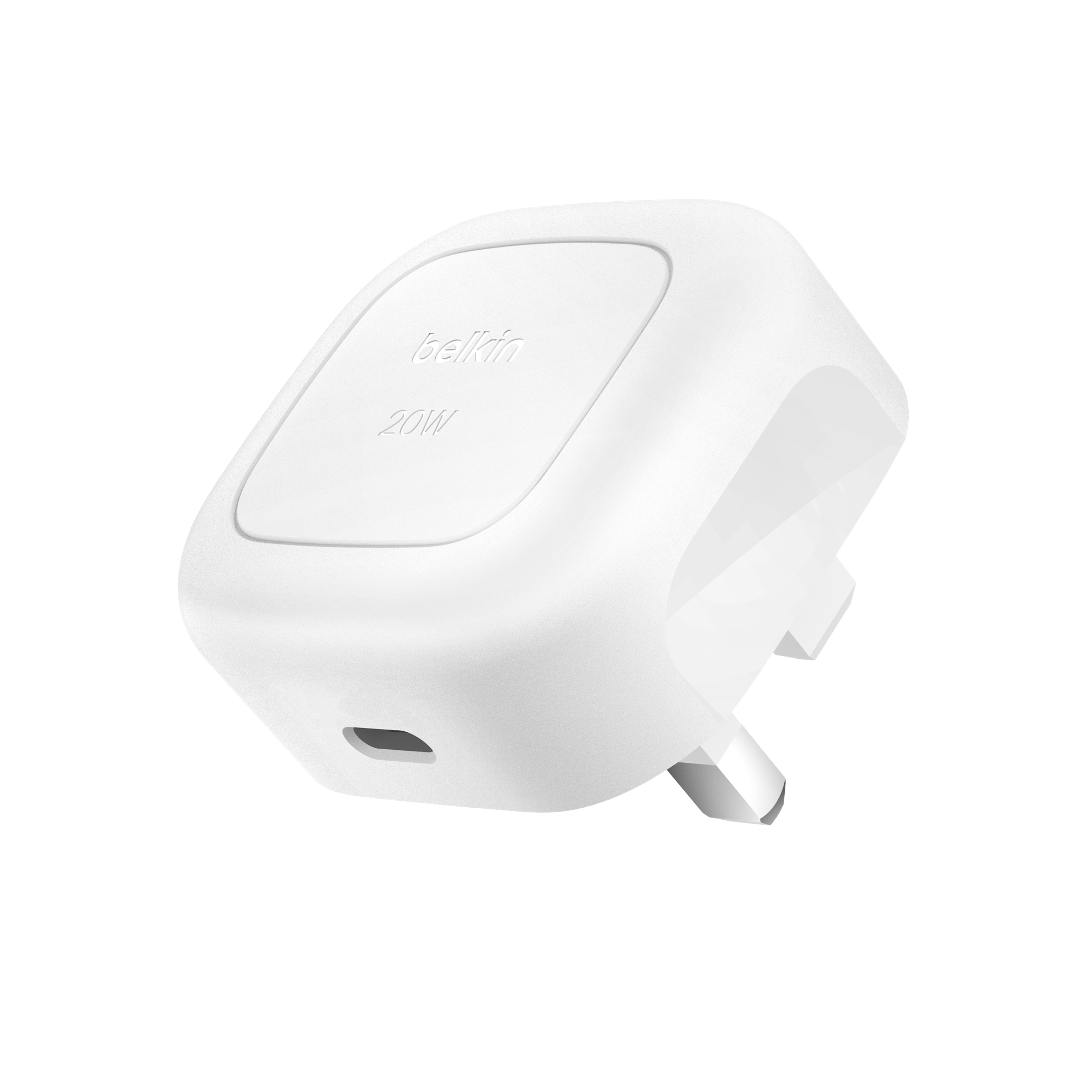 Back angle of the white Belkin 20w USB-C power adapter