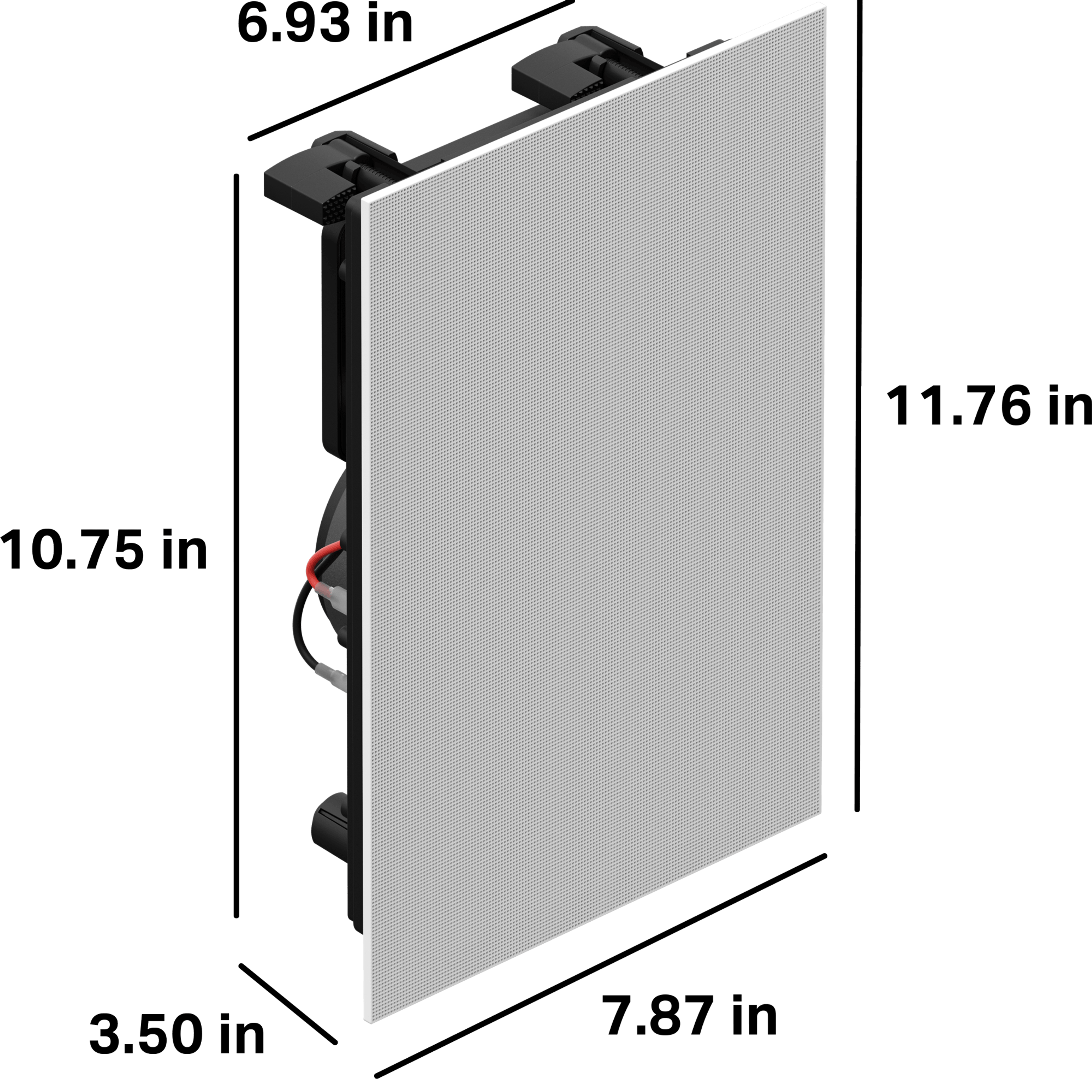 The housing for these in-wall speakers is 10.75 inches tall, 6.93 inches wide, and 3.5 inches deep. The outer grille is 7.87 inches wide and 11.76 inches tall.