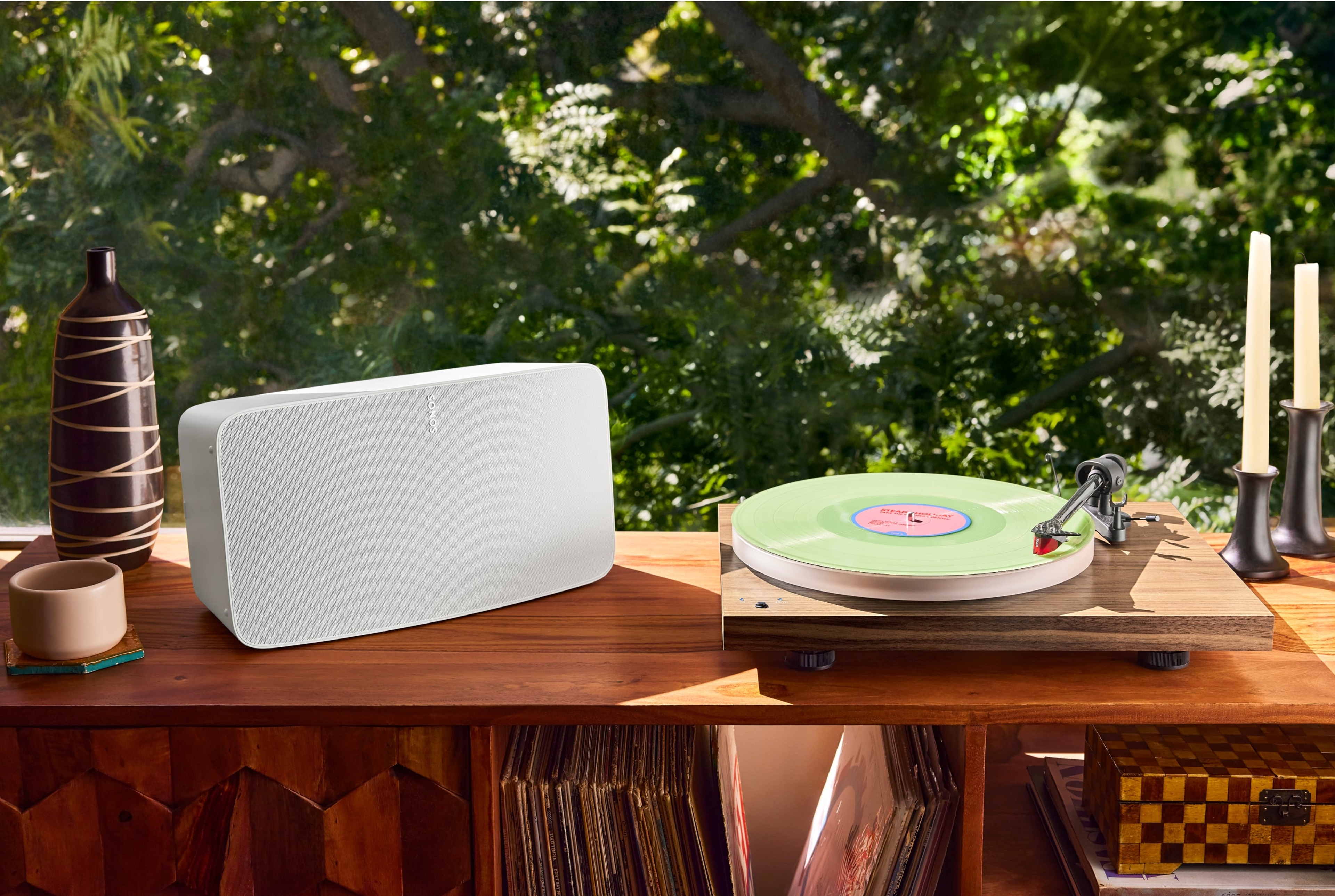 Five White with vinyl record player