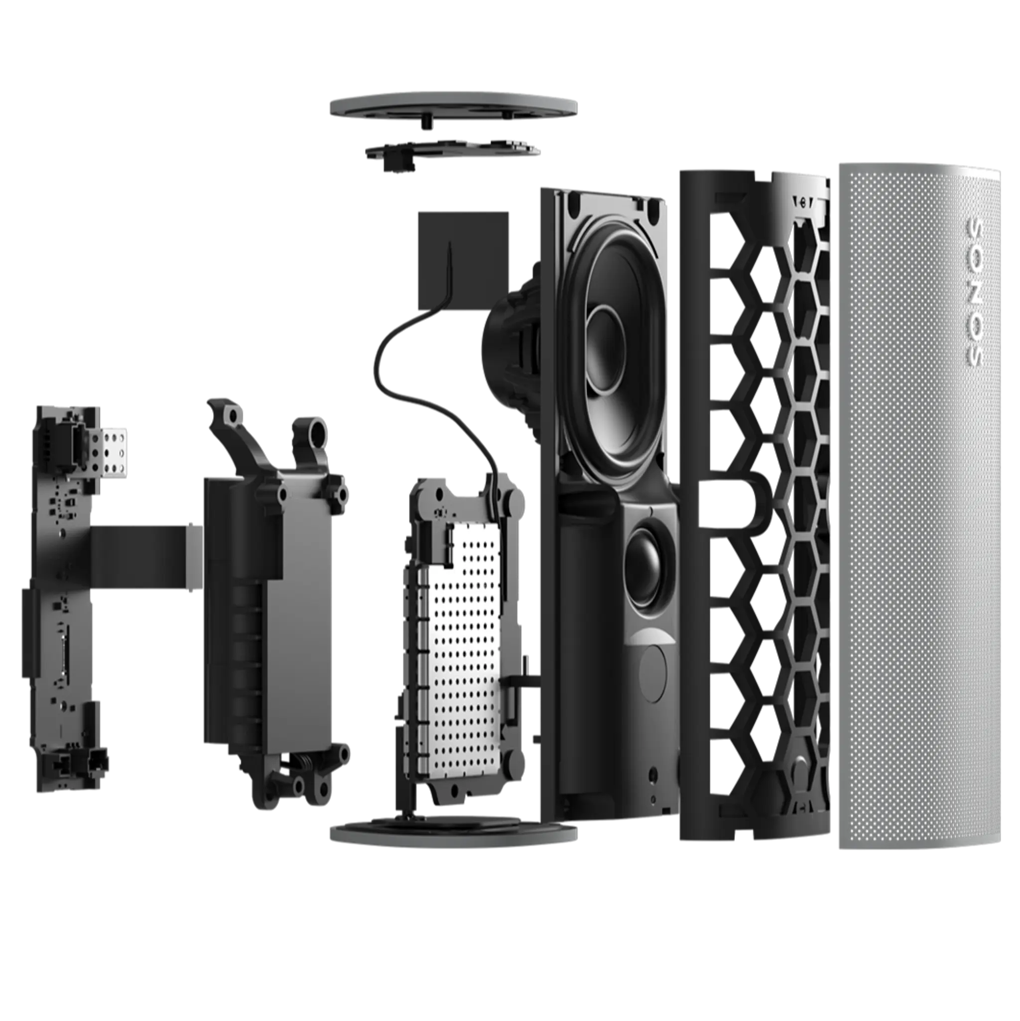 An exploded view of Sonos Roam showing its internal components