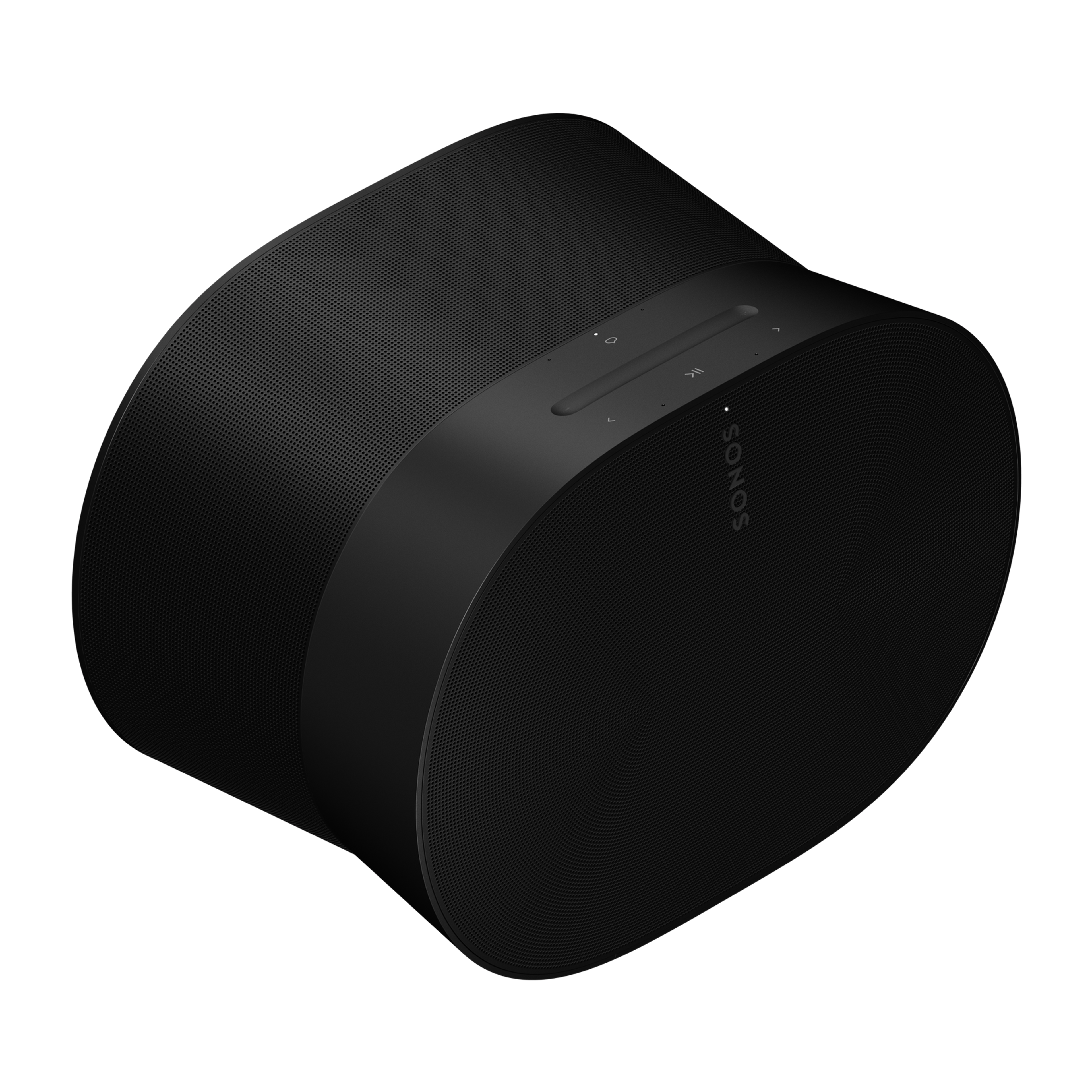 Image of the front and top of a black Sonos Era 300 turned at an angle