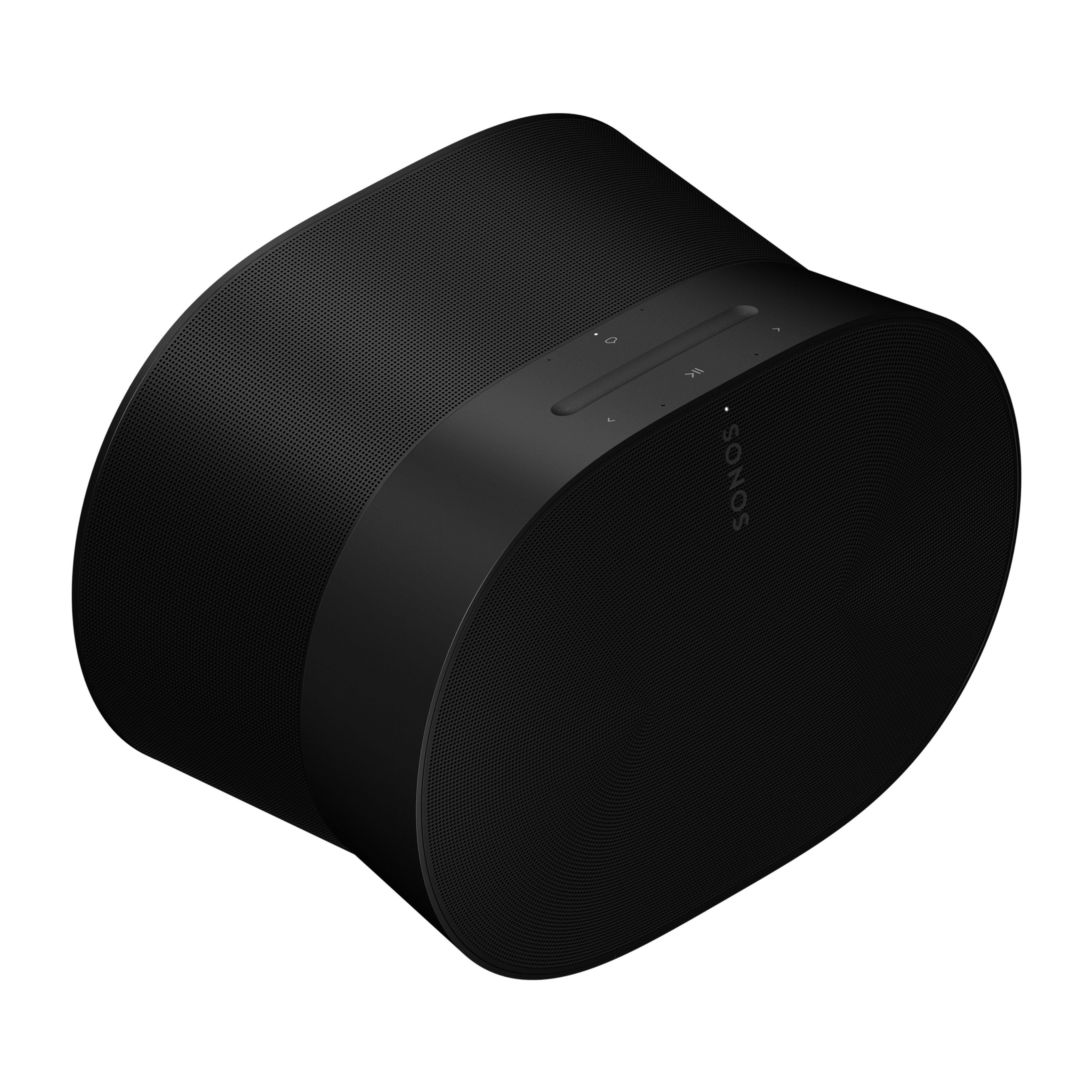 Image of the front and top of a black Sonos Era 300 turned at an angle