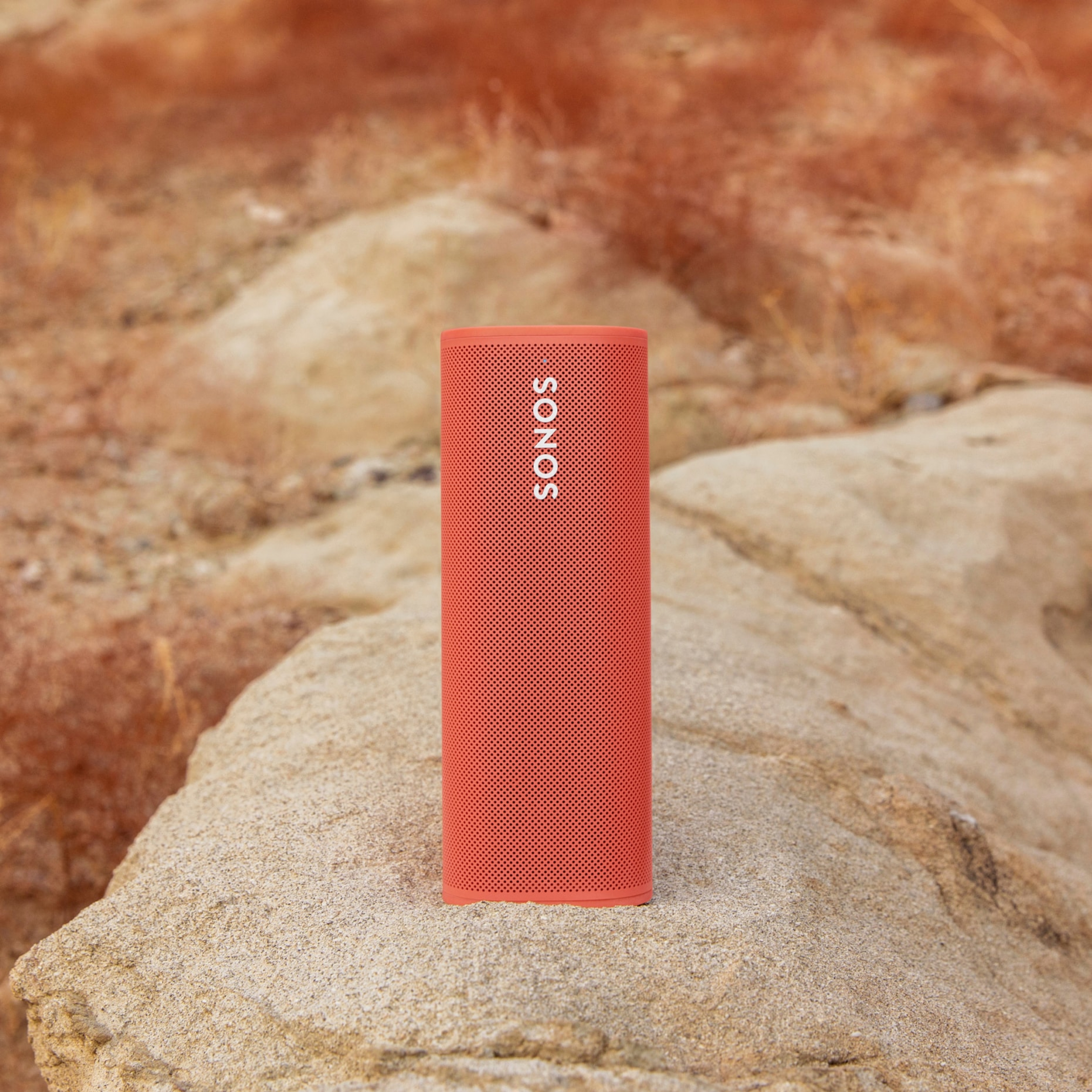Una bocina Roam en color Sunset apoyada sobre una roca al aire libre