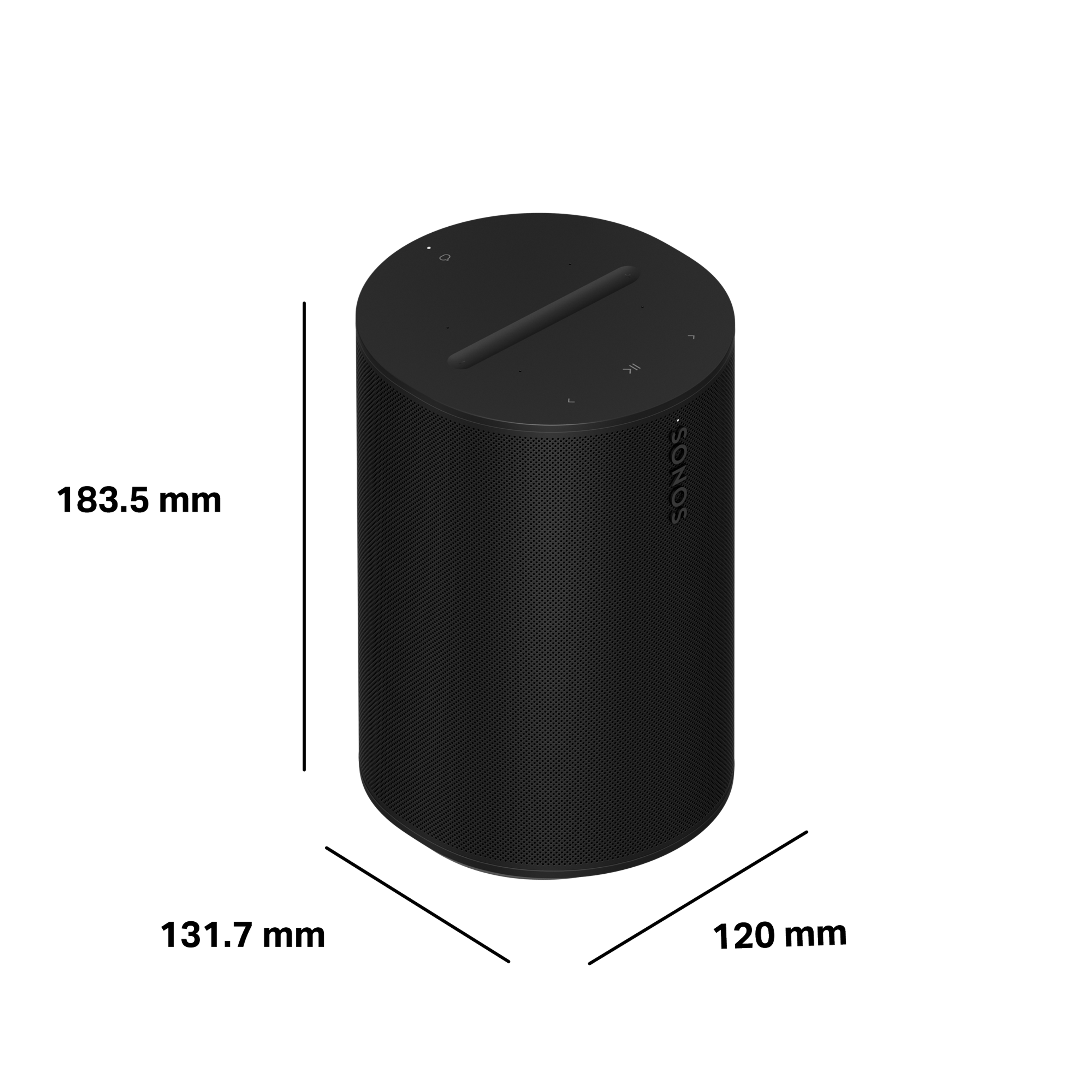 Sonos Era 100の寸法:高さ183.5mm、幅120mm、奥行き131.7mm
