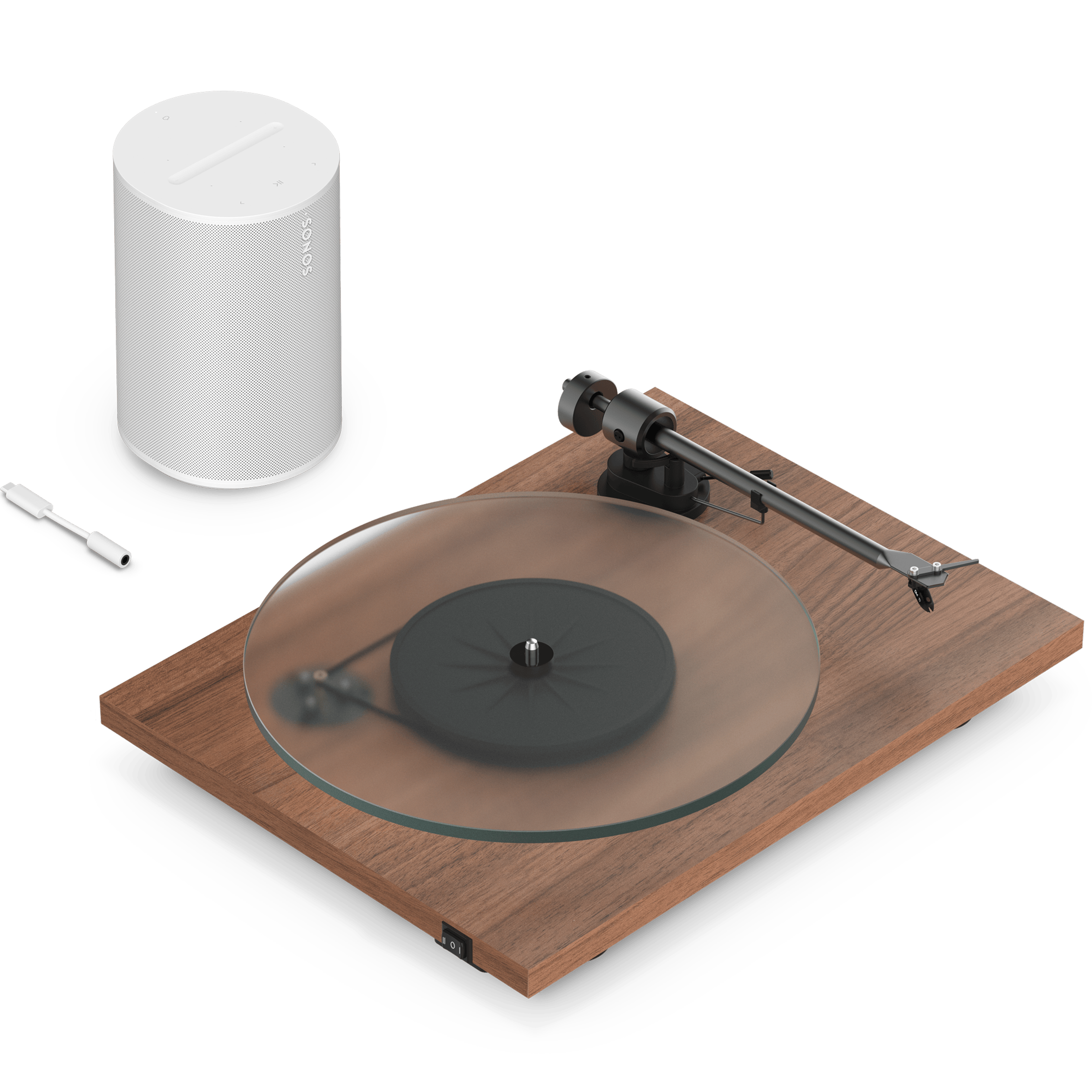 Overhead-angle view of a white Sonos Era 100 with a walnut Pro-Ject T1 Evo Phono turntable and a white line-in adapter