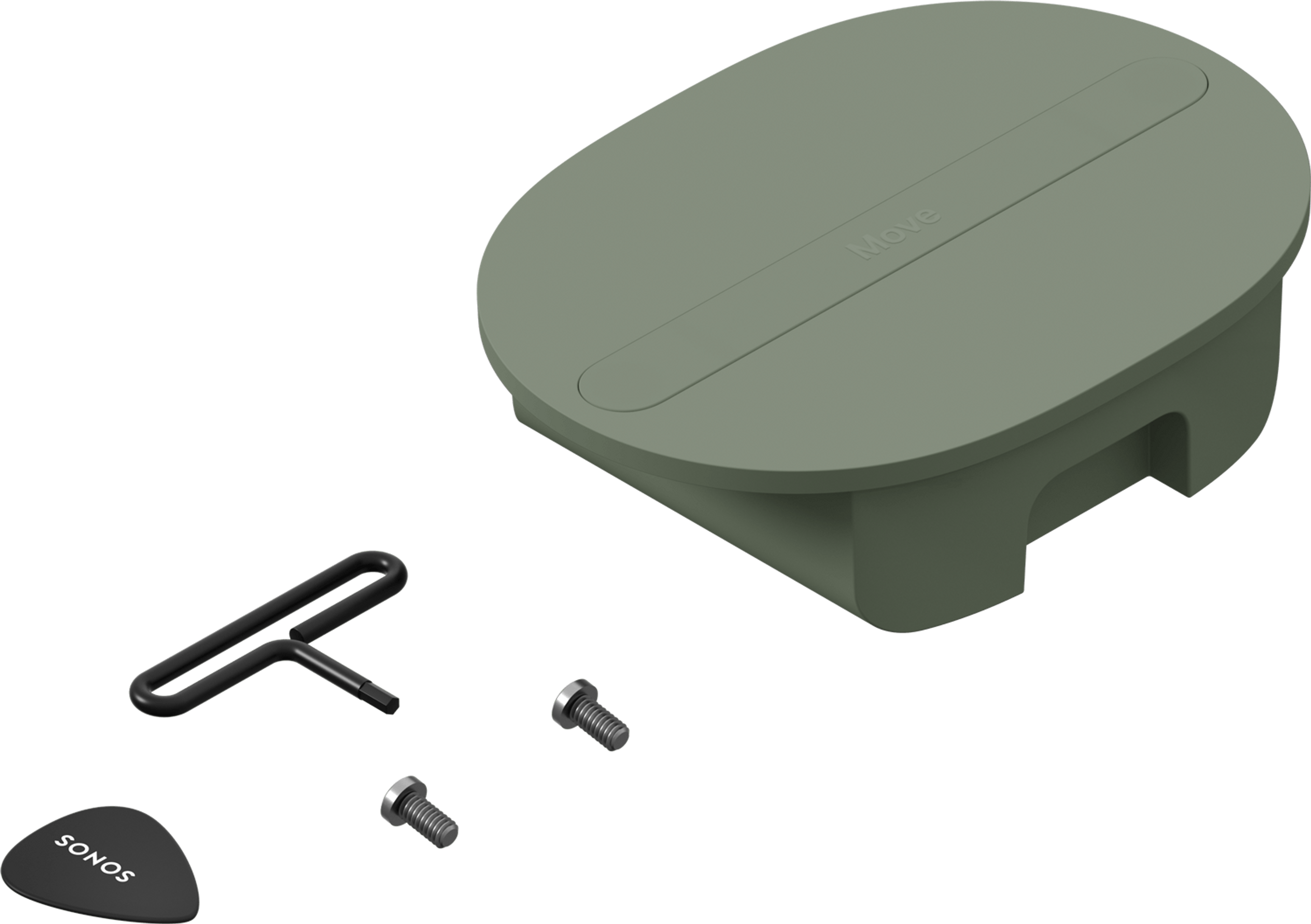 Billede af Sonos Move 2 batteriudskiftningskit i grøn med den medfølgende unbrakonøgle og monteringsskruer