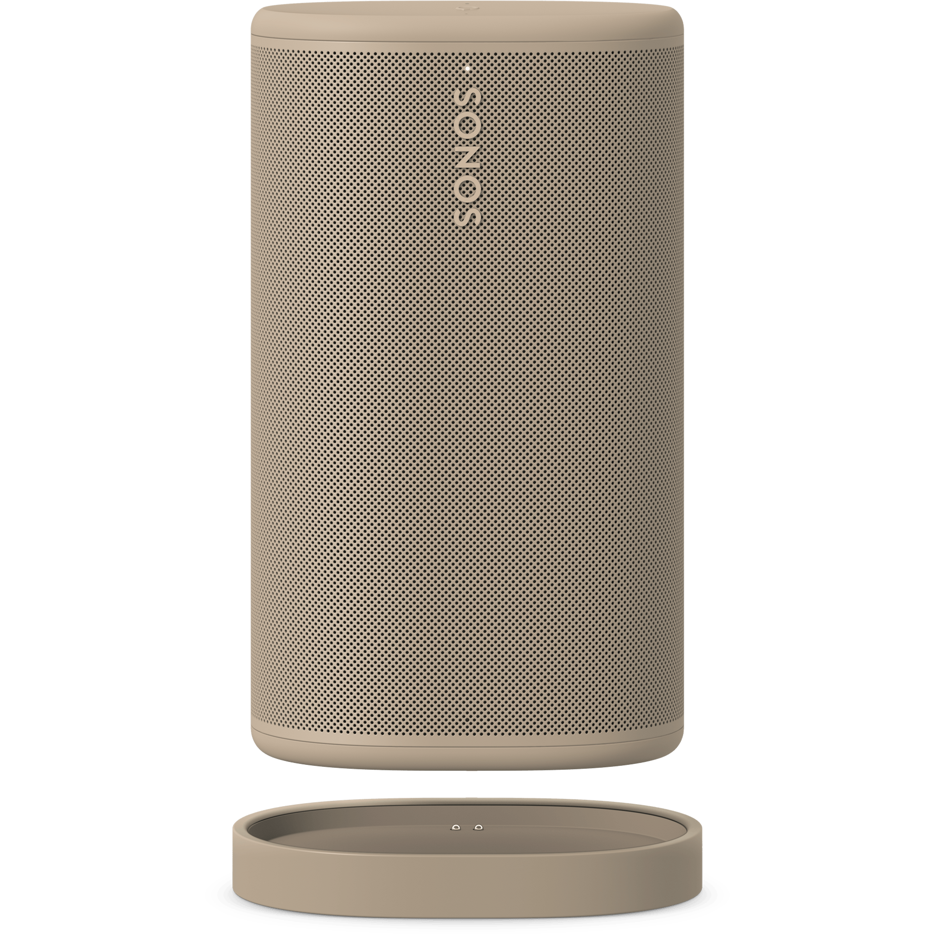 Un Sonos Play couleur Sable vu de face, en suspension au-dessus de sa base de recharge