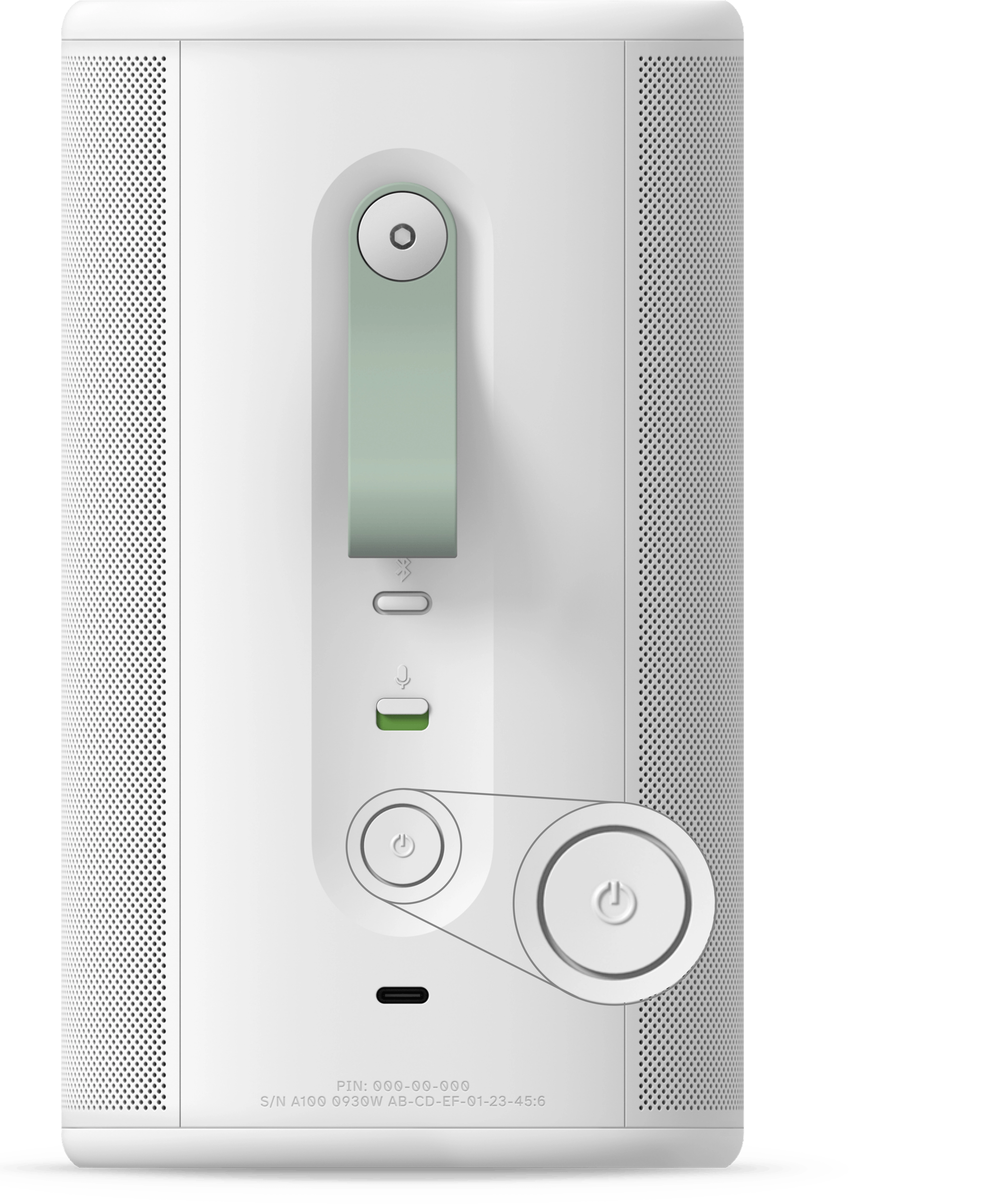 Rear view of Sonos Play in white, highlight around power button