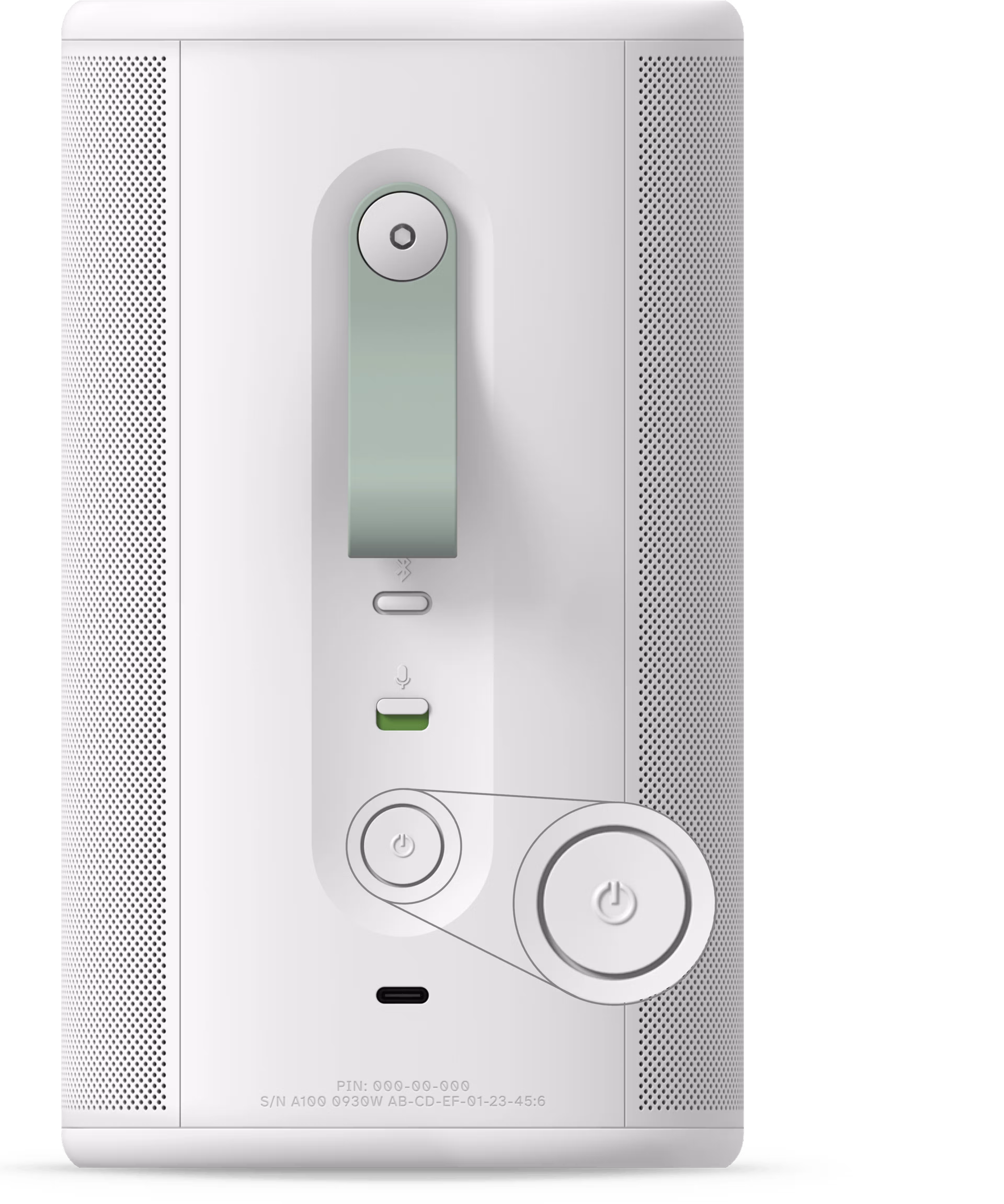 Rear view of Sonos Play in white, highlight around power button