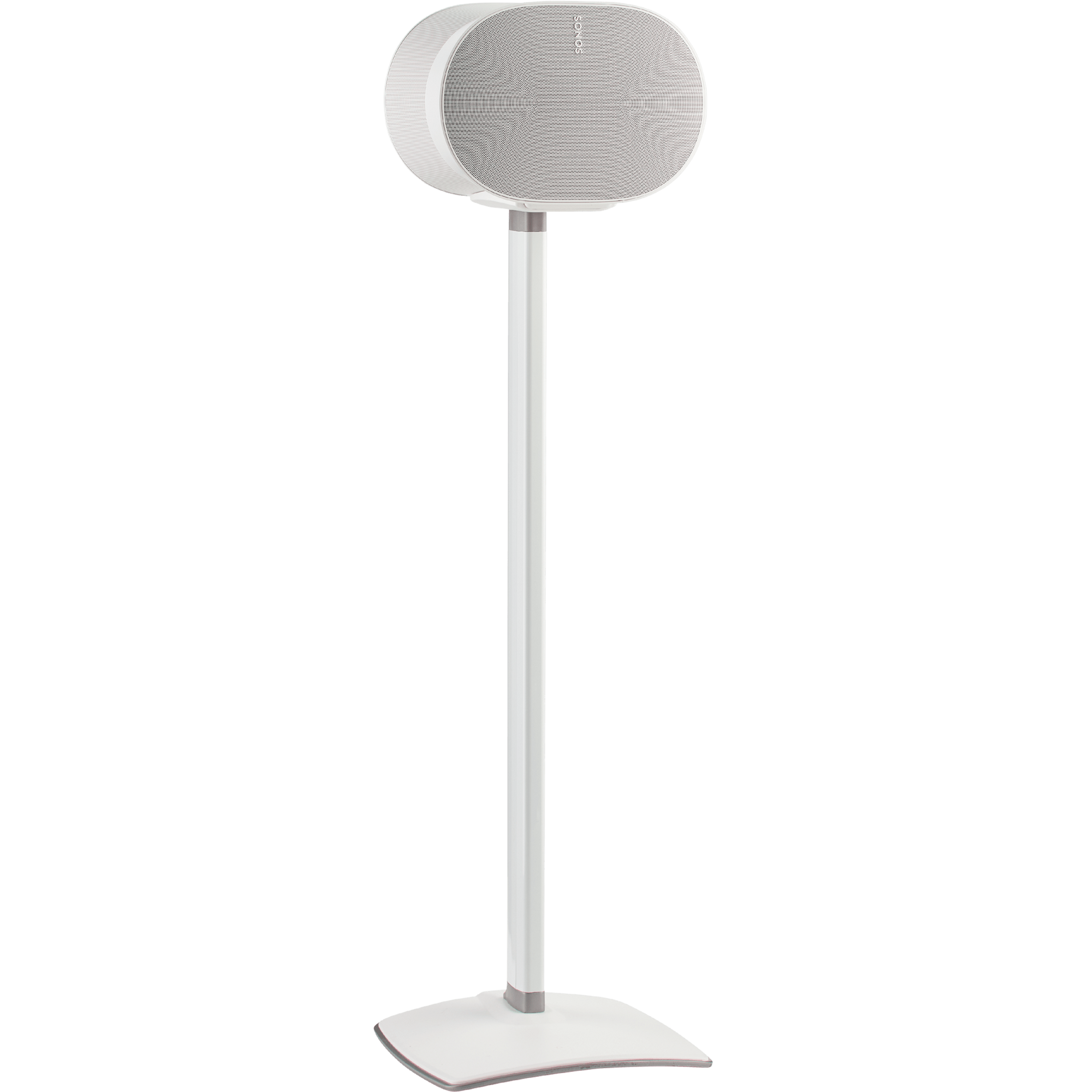 Image of a white Sanus stand holding a white Sonos Era 300 speaker